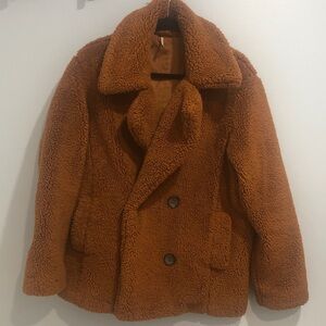 Free People Women Double Breasted Faux Fur Teddy Sherpa Coat Camel Size Small